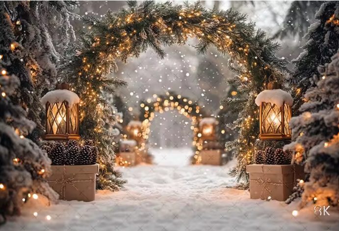 Décor Le Chemin Enchanté : arche de sapins illuminée sous la neige