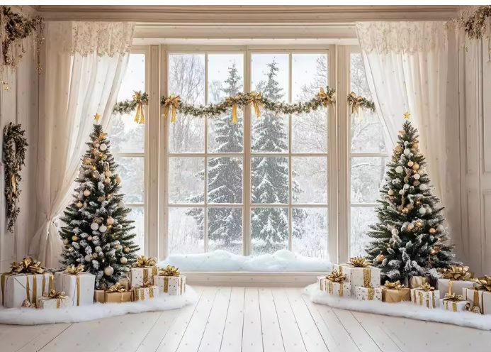 Décor La Fenêtre Étoilée : grande fenêtre et sapins décorés